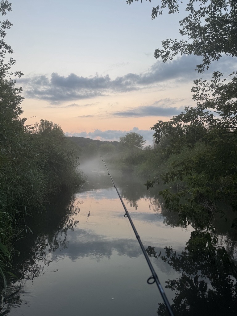 Fishing rod extended over a misty river at sunset